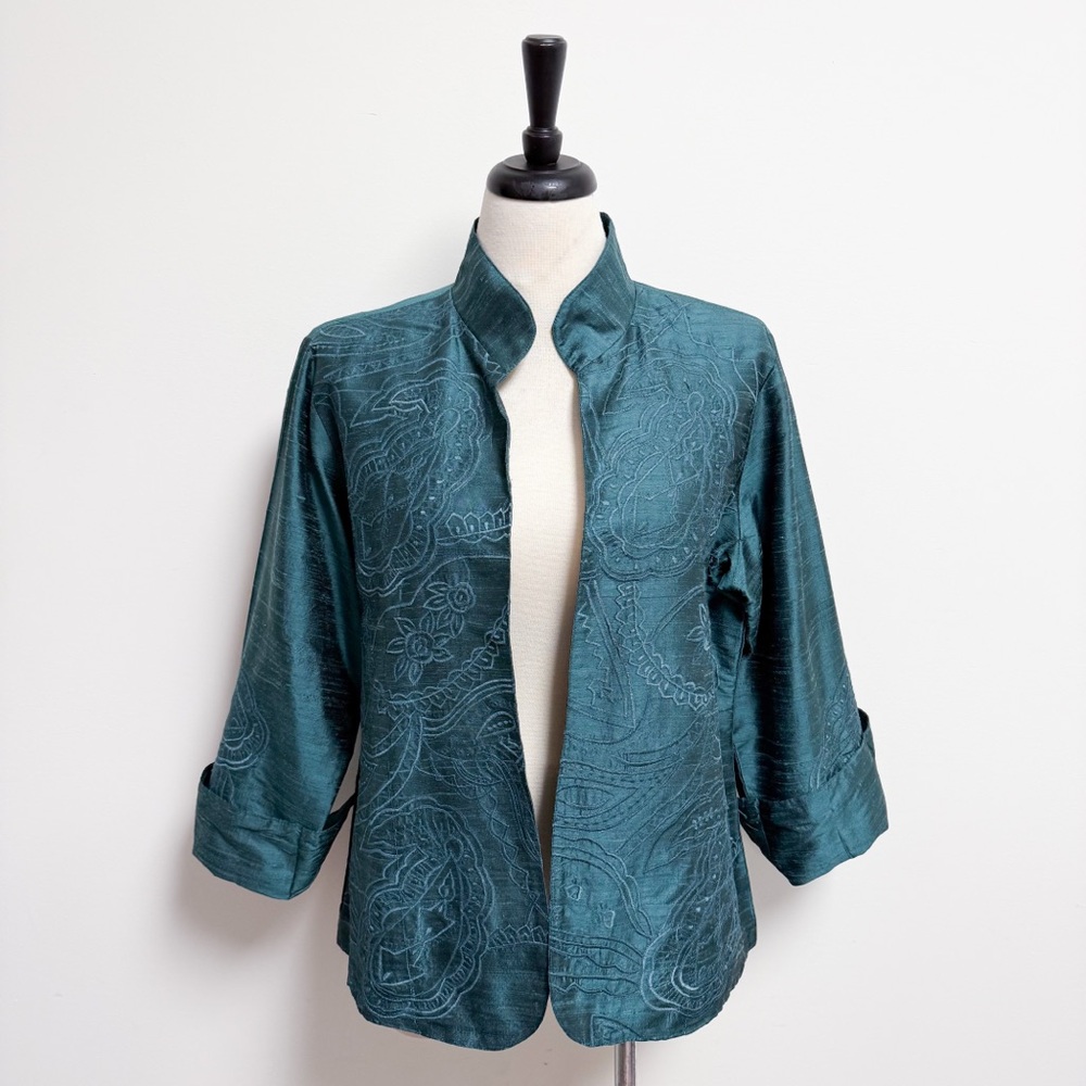 Anu Teal Dupioni Silk Embroidered 3/4 Turn Up Cuff Sleeve Open Jacket Large
